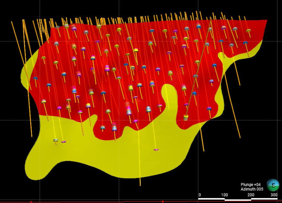 Figure 12 - 3D view (looking North) of the classification (red = indicated; yellow = inferred) Drillhole traces and mineralized composites are also shown