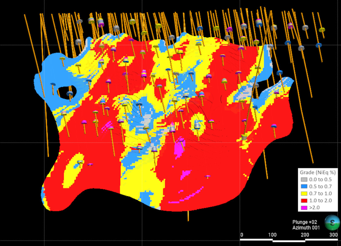 Figure 15 - 3D view (looking North) of the underground NiEq grade distribution. Drillhole traces and mineralized composites are also shown
